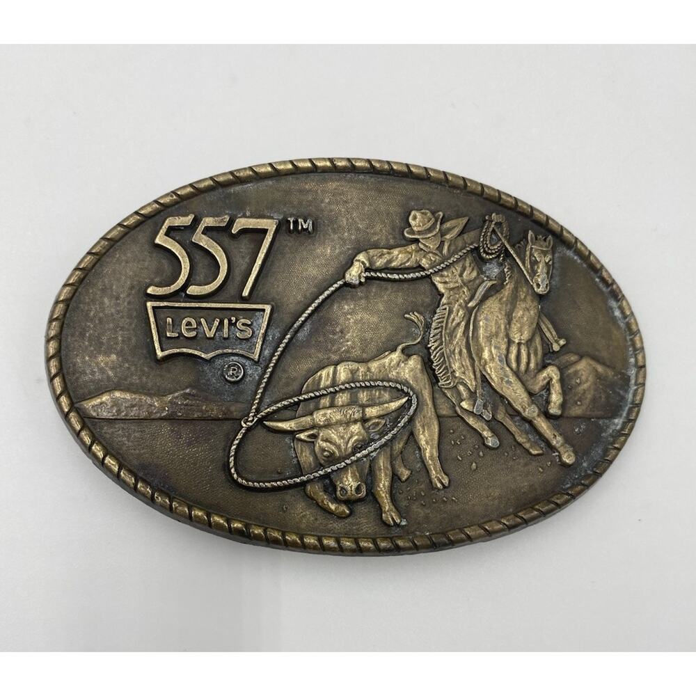 Vintage Levis 557 Brass Belt Buckle With Cowboy Cattle Made In USA Western 90s